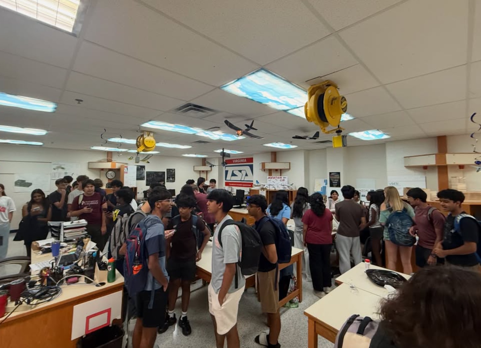 Students filling the engineering classroom at the CrabBots interest meeting